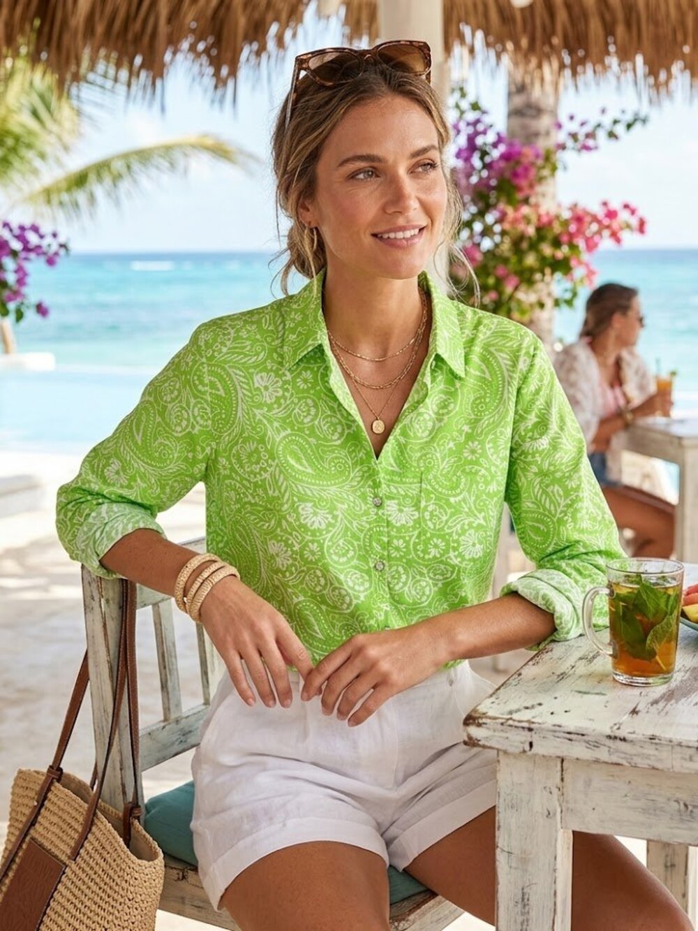 Kikisol Top XL Tropical Floral V Neck 3/4 Sleeve Tunic Lightweight Coverup Green